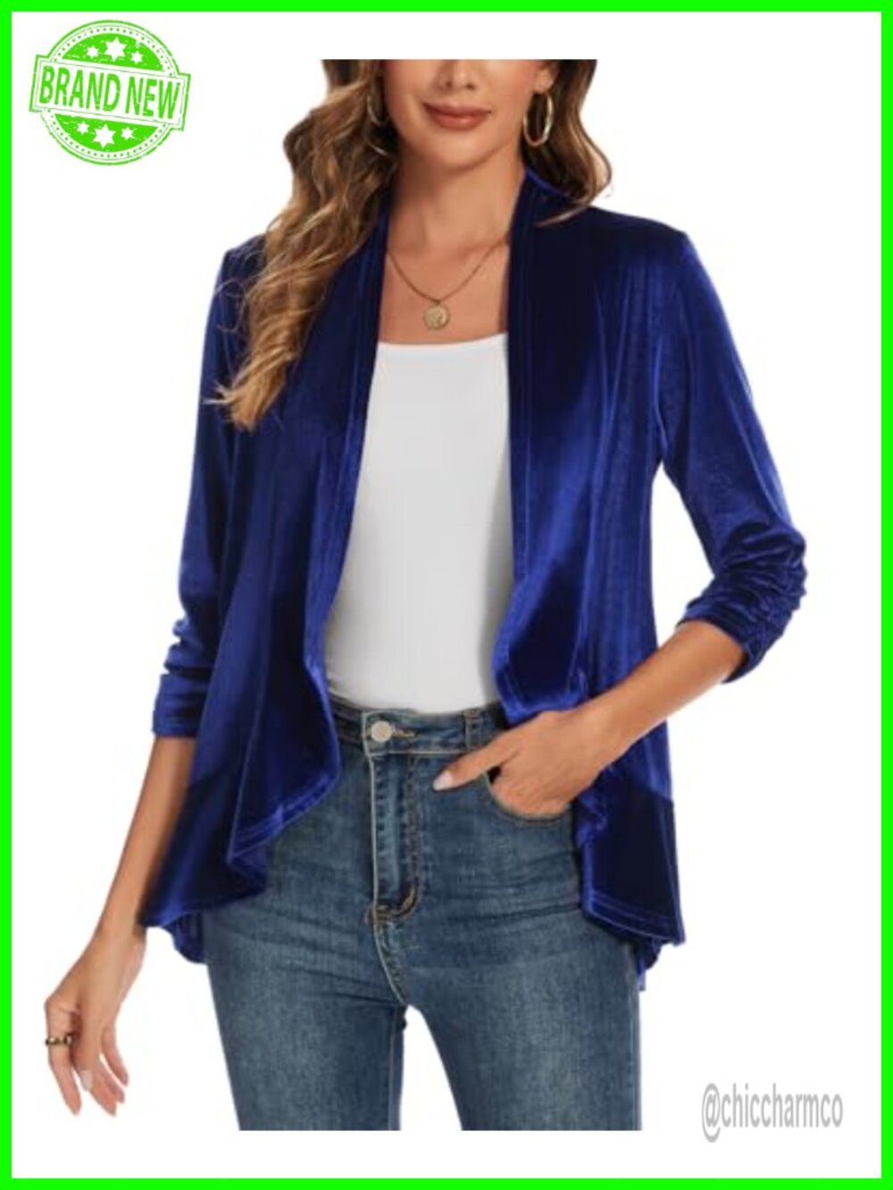 Velvet Cardigan Ruched 3/4 Sleeve Ruffle Hem Open Front Women's